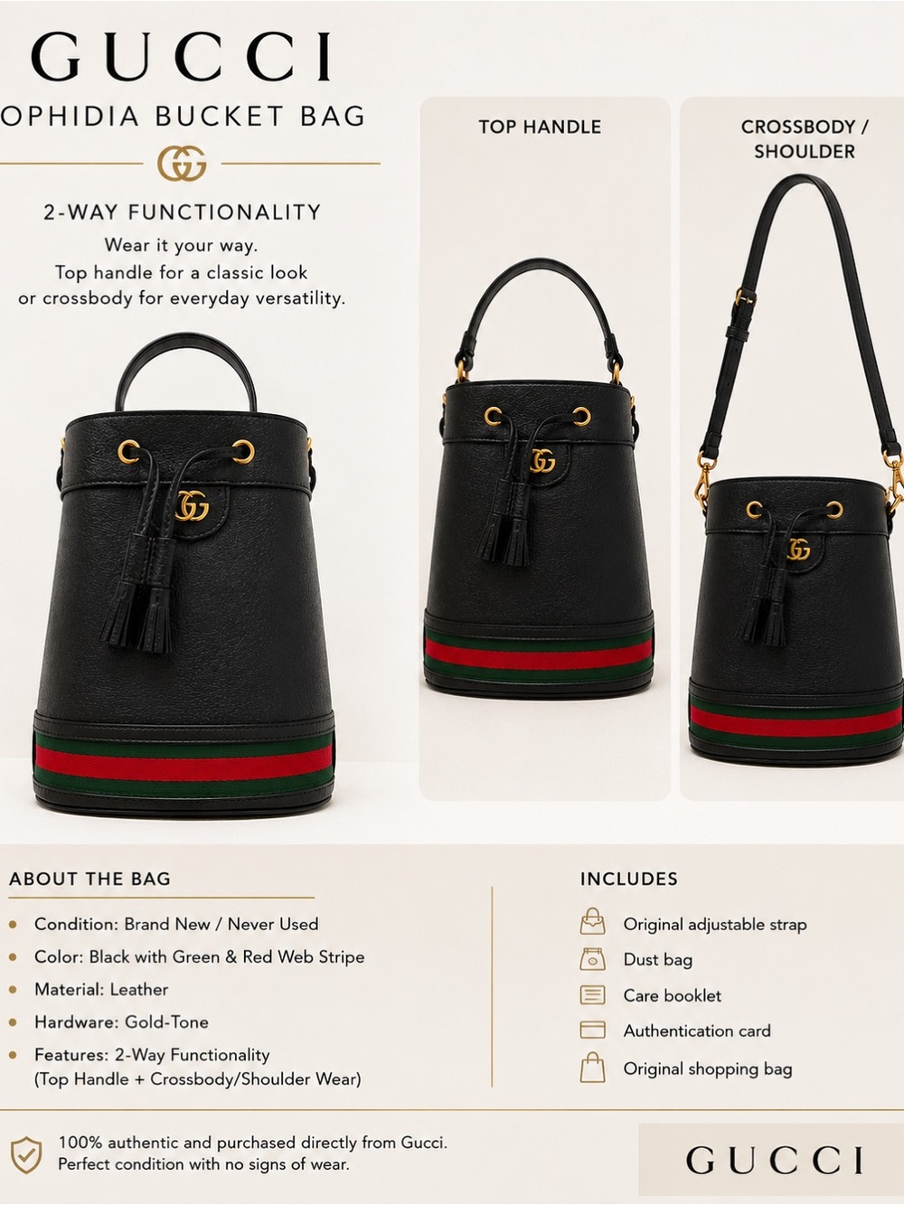 Gucci Black Leather Bucket Bag with Green & Red Web Stripe